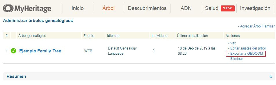 Exportaci&oacute;n a formato Gedcom en MyHeritage